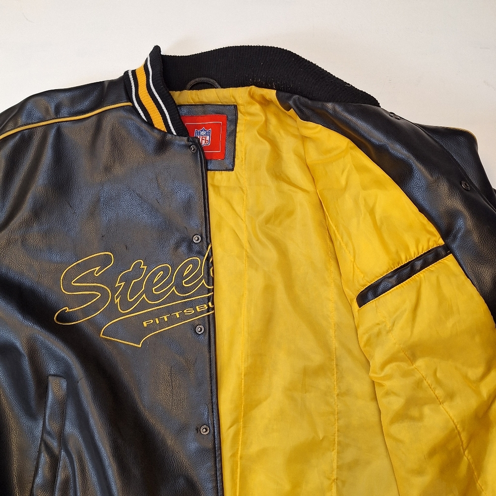 NFL Pittsburgh Steelers Black Faux Leather Jacket with gold detail - Picture 6 of 9